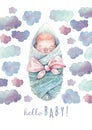 Hello baby greeting card. Painted in watercolor. Royalty Free Stock Photo