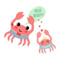 Hello beauty card with cartoon sailor crab and girl