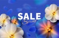 Hello blue spring sale background stock vector illustration. Realistic flower, blurred defocused backdrop. Macro flowers Royalty Free Stock Photo