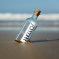 Hello! Bottle with greetings on beach. Message in a bottle Royalty Free Stock Photo