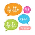 Hello bubble in different language. English, italian, french, spanish speech school, hello concept