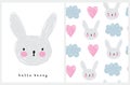 Hello Bunny. Lovely Nursery Art and Seamless Vector Pattern.