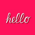 Hello calligraphy lettering on hot pink background. Hand drawn typography poster. Word Hello written with brush. Vector template