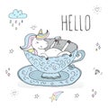 Hello card. Cute Unicorn takes a bath in a porcelain cup. Printable templates