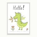 Hello card. Happy Smiling Dragon Cartoon Character. Vector illustration Royalty Free Stock Photo
