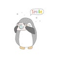 Hello card with penguins and camera. Printable templates. vector print