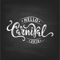 Hello Carnival text as logotype, badge, patch, icon isolated on textured black background.