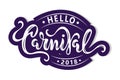 Hello Carnival text as logotype, badge, patch and icon isolated on white background. Royalty Free Stock Photo