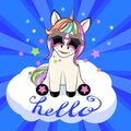 Hello Cartoon Cute unicorn with sun glasses Royalty Free Stock Photo