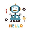 hello. Cartoon robots, hand drawing lettering, decor elements. vector illustration.