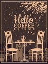 Hello Coffee autumn street cafe, outdoor, park, fall mood, night