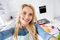 Hello dear followers. Closeup photo of beautiful housewife making selfies recording video vlog cooking blogger tasty Royalty Free Stock Photo