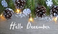 Hello December.Christmas decoration on old wooden background.Winter holidays  concept. Royalty Free Stock Photo