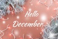 Hello December greeting card with fir tree and Christmas lights in background Royalty Free Stock Photo