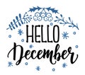 Hello December. Hand drawn typography lettering isolated on white background. Handmade winter inspirational card. Brush Royalty Free Stock Photo