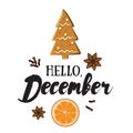 Hello, December. Holiday greeting card with ginger bisquit, orange slice, spices and calligraphyelements.