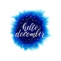 Hello december lettering on blue watercolor splash Royalty Free Stock Photo