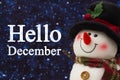Hello December message with happy snowman with hat Royalty Free Stock Photo