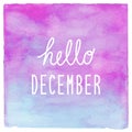 Hello December text on blue and purple watercolor background Royalty Free Stock Photo