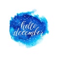 Hello december text on blue watercolor splash Royalty Free Stock Photo