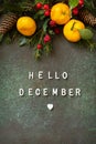 Hello december text. Cozy winter mood. Winter composition with fir branches, cones and tangerines on a stone background. Seasons Royalty Free Stock Photo