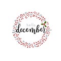 Hello December vector calligraphy in red berry wreath Royalty Free Stock Photo