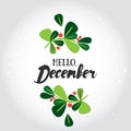 Hello, December! Vector illustrated greeting card template, post