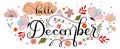 Hello DECEMBER vector. December month with butterflies, flowers and leaves. Illustration month december