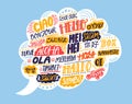 Hello in different languages. Speech bubble cloud with handwritten words. French bonjur, spanish hola, japanese Royalty Free Stock Photo