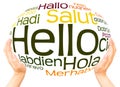 Hello in different languages word cloud hand sphere concept Royalty Free Stock Photo