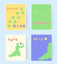Hello Dino print card for invation birthday party. Dinosaurs stomp, roar. Poster in scandinavian style. Vector illustration Royalty Free Stock Photo