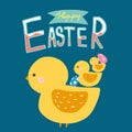 Hello Easter word and cute chicken family cartoon illustration