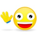 Hello emoticon. Emoticon waves his hand. Joyful emoticon. Pleased emoji. Happy emotion. Vector illustration smile icon.