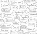 Hello, European languages, seamless pattern, contour d rawing, monochrome, white, vector