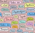 Hello, European languages, seamless pattern, contour drawing, color, vector