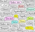 Hello, European languages, seamless pattern, contour drawing, gray, color, vector.