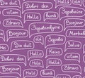 Hello, European languages, seamless pattern, contour drawing, monochrome, purple, vector.