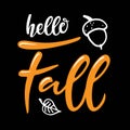 Hello Fall Hand written lettering with acorn and falling leaf on white background. Vector calligraphy illustration. Fall Royalty Free Stock Photo