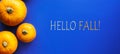 Hello fall message with autumn pumpkin on a blue background