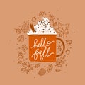 Hello fall coffee cup and autumn leaves illustration