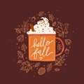 Hello fall illustration with coffee cup and autumn leaves