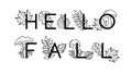 Text with autumn leaves in a line art style.