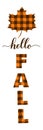 Hello fall vertical sign. Orange maple leaf made of buffalo plaid pattern. Cute autumn decorations. Vector template for Royalty Free Stock Photo