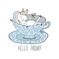 Hello Friday card. Cute Unicorn takes a bath in a porcelain cup. Printable templates