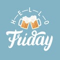 Hello Friday hand lettering with pint of beer on blue background.