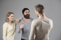 Hello friend. Circle of friends. Friends exchanging greetings. Couple of bearded man and woman meeting their best friend