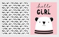 Hello Girl. Cute Hand Drawn Baby Shower Vector Illustrations Set. Pink, White and Black Infantile Design.