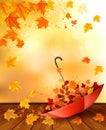 Hello a gold autumn. Retro autumn background with colorful leaves and an umbrella