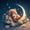 hello good night world, little sleepy bear in the beautiful flower bed with stars and moon