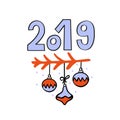 Hello 2019 greeting card with hand drawn christmas balls hanging on twig Royalty Free Stock Photo